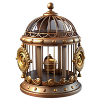 magnificent futuristic A steampunk birdcage, ornate brass bars and intricate decorations, containing a mechanical bird, soft window lighting fine detail png