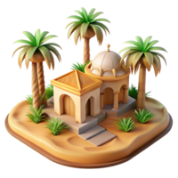 glorious bold modern A desert oasis with palm trees and a small temple, warm sunlight, peaceful atmosphere, realistic, vibrant, exclusive png