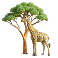 mesmerizing calm retro A majestic giraffe reaching for leaves on a tall tree, African savanna setting, photorealistic style fine detail png