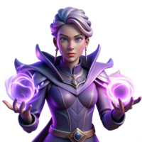 reflective serene Portrait of a powerful sorceress with glowing hands, surrounded by swirling arcane energy, lit by an ethereal purple light handcrafted png