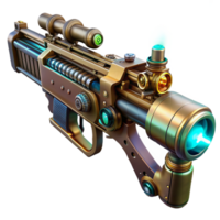 picturesque inspired A steampunk weapon, a rifle with intricate clockwork mechanisms and glowing tubes, resting on a workbench, illuminated by a single spotlight. Detailed, futuristic style png