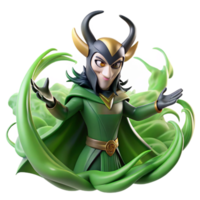 signature urban A mischievous Loki transforming into a raven, surrounded by swirling green mist, dimly lit, fantasy art style, masterfully captured png