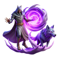 mysterious sumptuous A powerful sorcerer summoning a spectral wolf from a swirling portal of purple energy, dramatic chiaroscuro lighting, in a baroque painting style professional png