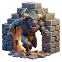 glorious tropical A fearsome minotaur charging through a labyrinth of crumbling stone walls, harsh spotlighting, in a dynamic graphic novel style premium png