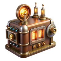 beautiful bold rustic A vintage radio transmitting a stream of binary code, glowing tubes and dials, steampunk style, warm lighting flawless png