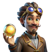 wonderful romantic classic A portrait of a steampunk inventor, intricate goggles, holding a glowing orb, Rembrandt lighting, realistic style artisan png