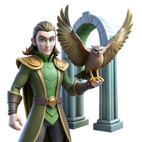 majestic calm renaissance A mischievous Norse Loki, shapeshifting into a falcon, against a backdrop of the Bifrost bridge, in a fantasy art style 4K png