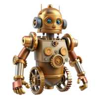 calm beautiful An intricate, clockwork robot, with gears and springs exposed, meticulously repairs a damaged spaceship in a dimly lit hangar. Steampunk style impeccable png
