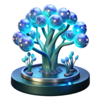 elegant avant garde A genetically modified, bioluminescent tree, with glowing branches and pulsating leaves, stands in the center of a futuristic garden. Surreal style genuine png