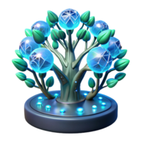 serene ethereal creative A genetically modified, bioluminescent tree, with glowing branches and pulsating leaves, stands in the center of a futuristic garden. Surreal style high quality png