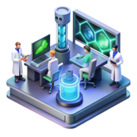 distinguished vintage A futuristic laboratory filled with advanced technology, glowing screens, scientists working in the background, isometric view top tier png
