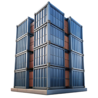 sumptuous acclaimed A towering skyscraper made of stacked shipping containers, industrial style, gritty realism, overcast lighting, png