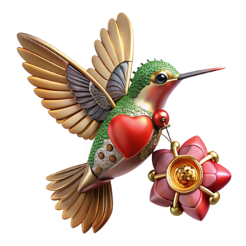 alluring passionate surreal A steampunk hummingbird, with delicate clockwork wings and a ruby heart, hovering over a mechanical flower, in a vibrant, Art Nouveau style masterfully captured png