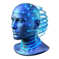 impressive reflective geometric A transparent human head filled with swirling lines of code, illuminated from within by a pulsating blue light, cyberpunk style top tier png