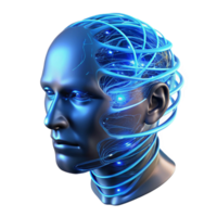 memorable coastal A transparent human head filled with swirling lines of code, illuminated from within by a pulsating blue light, cyberpunk style handcrafted png