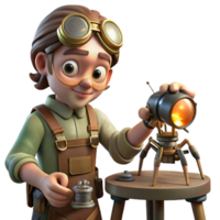 playful enchanting A lone steampunk inventor in goggles and leather apron, tinkering with a miniature robot spider, amidst a chaotic workshop, dimly lit by a single oil lamp, realistic style crisp png