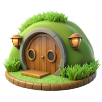 exquisite distinctive A hobbit hole built into a hillside, round wooden door, lush green grass, idyllic atmosphere, fantasy style, png