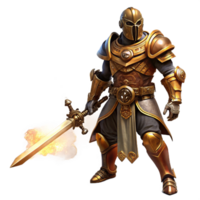 melancholic mesmerizing A fierce steampunk warrior, clad in ornate brass armor, wielding a Tesla powered sword, against a backdrop of smoke and embers, dynamic lighting, comic book style handcrafted png