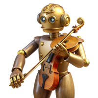 nostalgic stunning A whimsical steampunk robot, made of polished wood and brass, playing a violin, in a dimly lit workshop, soft, warm lighting, art nouveau style precision png