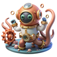 quintessential surreal A curious steampunk octopus in a diving suit, exploring a coral reef of gears and cogs, underwater lighting, whimsical style premium png