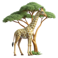 memorable baroque A graceful giraffe reaching for leaves on a tall tree, African savanna setting, realistic rendering professional png
