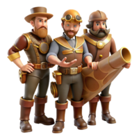serene memorable A group of steampunk explorers, in leather and brass attire, charting a course on a large map, warm lighting, adventure style png