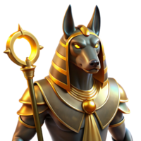 fascinating remarkable Anubis, the Egyptian god of the dead, depicted with a jackal s head and regal golden armor, holding a glowing ankh, in a dramatic chiaroscuro lighting style. Hyperrealistic png