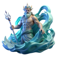 tranquil splendid Poseidon, God of the Sea, rising from a tempestuous ocean, wielding his trident, surrounded by swirling water and lightning strikes. Dynamic lighting. Art Deco style detailed png