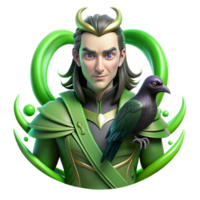 intense spectacular A mischievous Loki, the Norse god of trickery, shape shifting into a raven, surrounded by green, swirling magic. Digital painting style authentic png