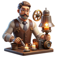 passionate breathtaking A portrait of a steampunk inventor in his workshop, surrounded by tools and gadgets, illuminated by the warm glow of a forge and the soft light of a desk lamp luxury png