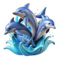 breathtaking playful organic A group of playful dolphins leaping from the ocean waves, illuminated by bright sunlight, painted in a dynamic and energetic style artisan png