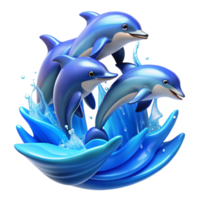 harmonious striking A group of dolphins leaping out of the ocean waves, vibrant blue water and sparkling sunlight, dynamic action photography style museum quality png