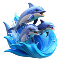 fascinating acclaimed A group of dolphins leaping out of the ocean waves, vibrant blue water and sparkling sunlight, dynamic action photography style png