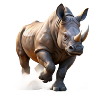 hypnotic surreal A powerful rhinoceros charging through the bush, dramatic dust and light, depicted in a dynamic, realistic style high quality png