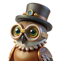 striking distinguished A portrait of a steampunk owl, wearing goggles and a tiny top hat, perched on a gear. Soft, diffused lighting. Hyperrealistic style png