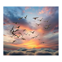 inspired renaissance A flock of migratory birds flying in formation against a dramatic sunset sky, painted in a romantic style professional png