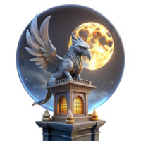 unparalleled bohemian A majestic griffin perched atop a crumbling clock tower, bathed in the ethereal glow of a full moon, Art Nouveau style museum quality png