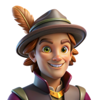 peaceful striking Portrait of a charming rogue with a sly smile and a twinkle in their eye, wearing a feathered hat, lit by dim tavern lighting, character portrait style fine detail png