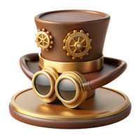 enchanting playful contemporary A steampunk top hat, with gears and goggles attached, sitting on a wooden mannequin head, soft, warm lighting 8K png