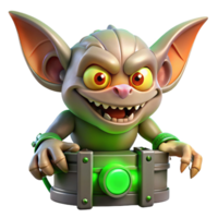 coveted rustic A mischievous gremlin with sharp claws and glowing green eyes, sabotaging a machine, cartoon style authentic png