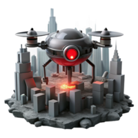 splendid exemplary A lone, robotic drone, with glowing red eyes, patrols the desolate ruins of a futuristic city. Dystopian style png