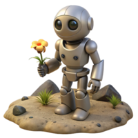 striking distinctive A robot holding a wilting flower, standing in a desolate landscape. Post apocalyptic style. Desaturated lighting png