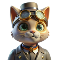 elegant sought after A portrait of a steampunk cat wearing miniature goggles and a tiny brass top hat, illuminated by a soft, warm light. Warm lighting, whimsical style png