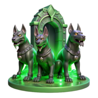 breathtaking dramatic traditional Cerberus, the three headed hound of Hades, guarding the gates of the underworld, bathed in an eerie green glow, digital painting style museum quality png