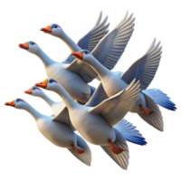 whimsical majestic A flock of migrating geese flying in a V formation against a clear blue sky, crisp and clear photography style high quality png