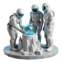 dreamy dramatic A group of futuristic explorers, in sleek, white spacesuits, discover an ancient alien artifact on a desolate, icy planet. Realistic style original png