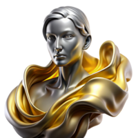 dazzling calm bohemian Abstract portrait composed of flowing liquid metal, in shades of silver and gold, with dramatic Rembrandt lighting artisan png