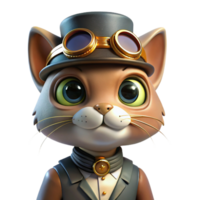 elegant memorable A portrait of a steampunk cat wearing miniature goggles and a tiny brass top hat, illuminated by a soft, warm light. Warm lighting, whimsical style png