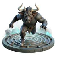 pristine surreal A powerful minotaur charging through a labyrinth, dust motes dancing in the shafts of light from above, dark fantasy style flawless png