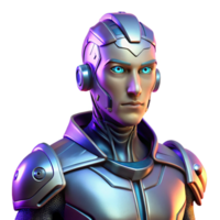 fascinating unforgettable Portrait of a futuristic cyborg with glowing implants, metallic limbs, and a determined expression, lit by neon city lights, in a cyberpunk style png
